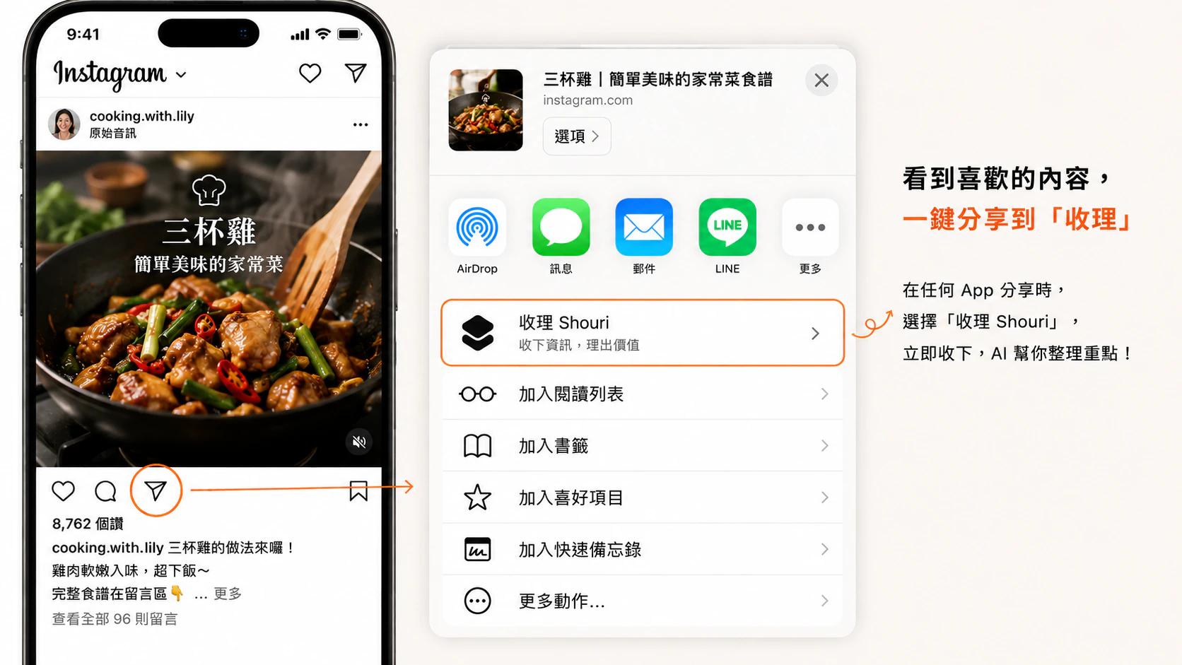 在 Instagram 貼文按分享,iOS 分享選單裡選擇「收理 Shouri」,內容就收下並交給 AI 整理
